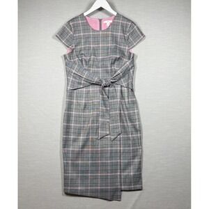 1901 Dress Womens 12 Black Pink Plaid Bow Faux Wrap Office Business Classic Chic